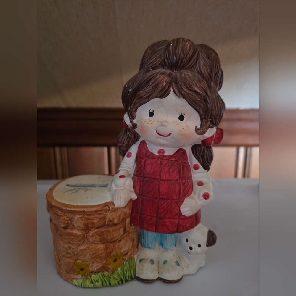 Gentle Treasures Vintage Decorative Ceramic Girl with Puppy Coins Bank 1977